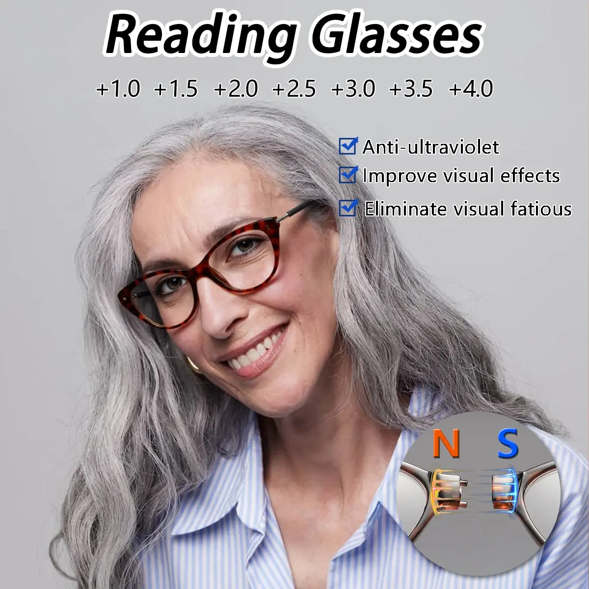 Women's Plastic Cat Eye Magnetic Hanging Neck Detachable Retro Classic Style Casual Fashion Reading Glasses, Trendy Old Age Eyewear