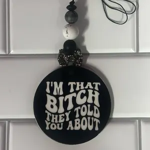 XL 3.5 inch acrylic Hand-glittered Acrylic Candidly Car Charm - “ I’m That B” with silicone beads