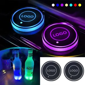 2pcs Car Glowing Cup Mats, Car Accessories, Multiple Car Brand Logos, LED Lighted, Thick High Temperature Resistant, 7 Color Switchable, Anti-Slip Protection