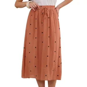 INSPIRE CHIC Women's Vintage Polka Dots Casual Pleated Elastic Waist Midi A-Line Skirts Medium Burnt Orange