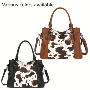 Women's Retro Cow Print Tote Bag - Adjustable Crossbody Shoulder Bag with Multiple Pockets, High-Quality, Zipper Closure & Polyester Lining, Halloween Gift (Black/Brown/White), Travel Accessory, Vintage Style, Sturdy Handles, Fashion Lovers
