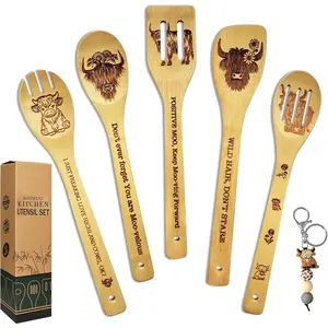 Highland Cow Gifts for Women 6PCS Unique Highland Cow Print Bamboo Spoons Gift Set with Keychain Perfect Birthday Gifts for Mother's Day Bestie Sister