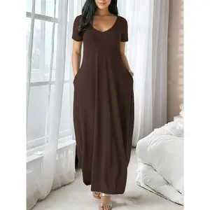Women's Long Coffee Nightdress - Short-Sleeve, Large Round Neck, Pocket Design, Soft Fabric Loungewear, All-Season Casual Home Women's Clothes, Comfortable Clothes for Relaxation