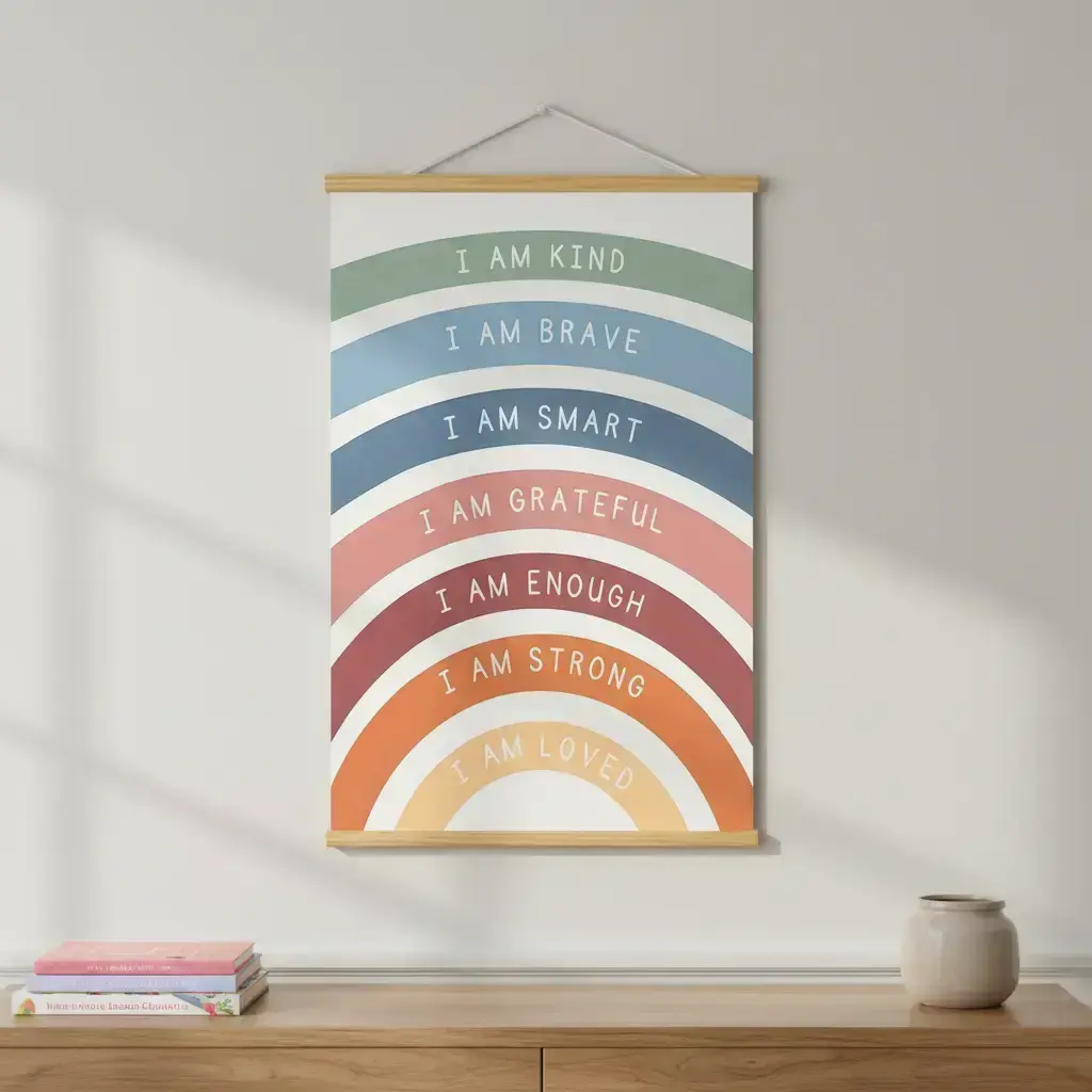 Rainbow Affirmations Painting Hanging Scroll Canvas Wall Art Poster, 1 Set Boho Inspirational Quotes Classroom & Playroom Wall Decor, Ornaments, Dopamine Decor, Wooden Wall Art, Wall Art Decoration, Home Decor Products, Artwork