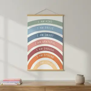 Rainbow Affirmations Painting Hanging Scroll Canvas Wall Art Poster, 1 Set Boho Inspirational Quotes Classroom & Playroom Wall Decor, Ornaments, Dopamine Decor, Wooden Wall Art