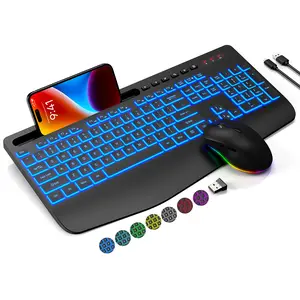 Wireless Keyboard and Mouse Combo(non-bluetooth) - 7-Color Backlit with Silent Light-Up Keys, Rechargeable, Full Size with Wrist Rest & Phone Holder