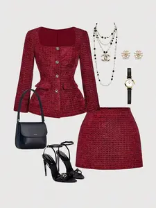 💼 Women’s red tweed skirt suit 👗 Vintage old money style – perfect for office & daily wear ✨