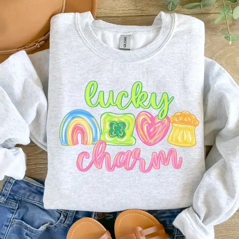 St Patrick - Lucky Charm Sweatshirt & Tshirt - Ash Grey - Unisex Jersey Sublimation Design Vintage Style Comfortable Everyday Wear