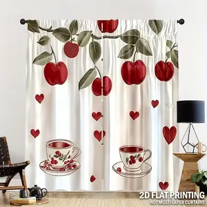 2pcs Cute Cherry and Coffee Cup Patterns Digital Print Curtains, Semi-Transparent Polyester, Fade Resistant, Hand Washable, Home Decor