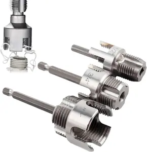 3Pcs Integrated Internal & External Pipe Threading Tool, Dual-Function Pipe Thread Cutting Tool for 1/2" & 3/4"& 1" PVC/Plastic Pipes, Electric Drill Compatible Pipe Threader Kit