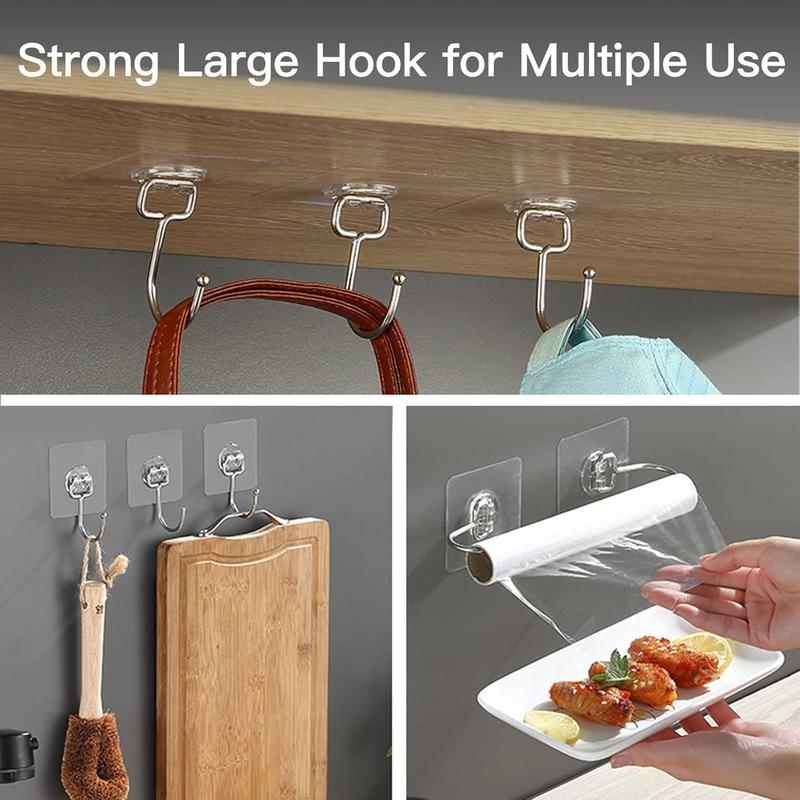 Large Heavy-Duty Adhesive Wall Hooks 44Ib Max 20 Packs Traceless Clear Removable Waterproof Rustproof for Kitchen Bathroom Home Organizer