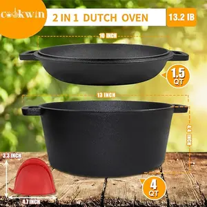 Cookwin 2-in-1 Dutch Oven Cast Iron Pot with Skillet Lid, 5.5 Quart Set - Silicone, Cookware