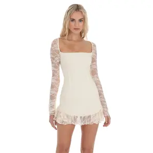 Long Lace Sleeve Ruffle Dress in Cream