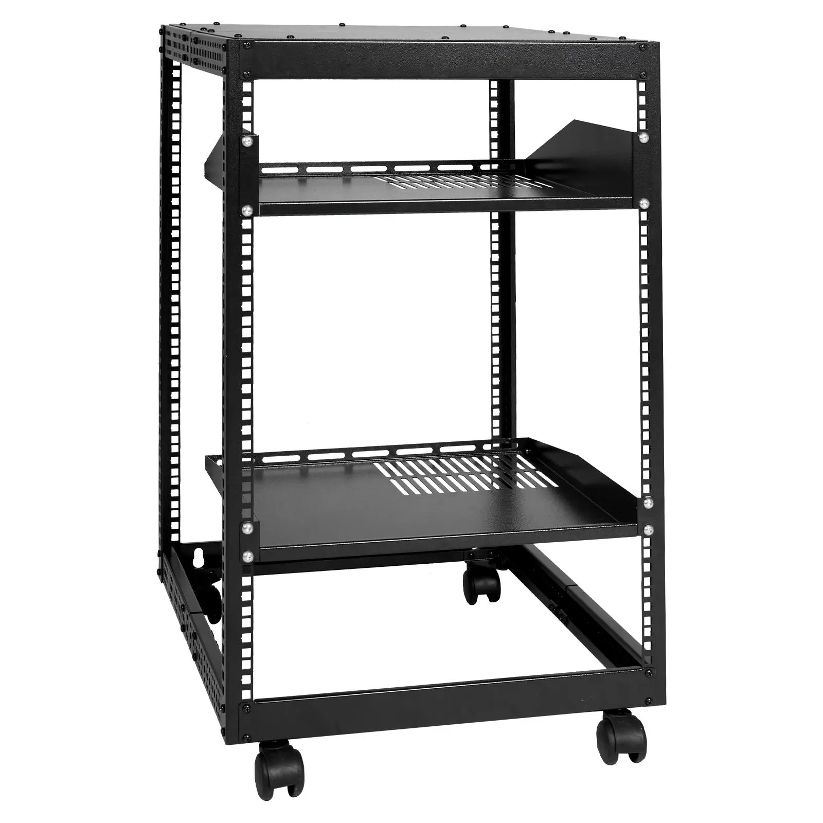 【summerfinds】VEVOR 15U Sturdy Carbon Steel Open Frame Server Cabinet, Heavy Duty Wall-Mount/Freestanding Metal Shelf Rack, 2 Cooling Shelves, 4 Rollers, 23"-40" Depth Adjustable for Network & AV Equipment, W/ Mounting Tools Organiser