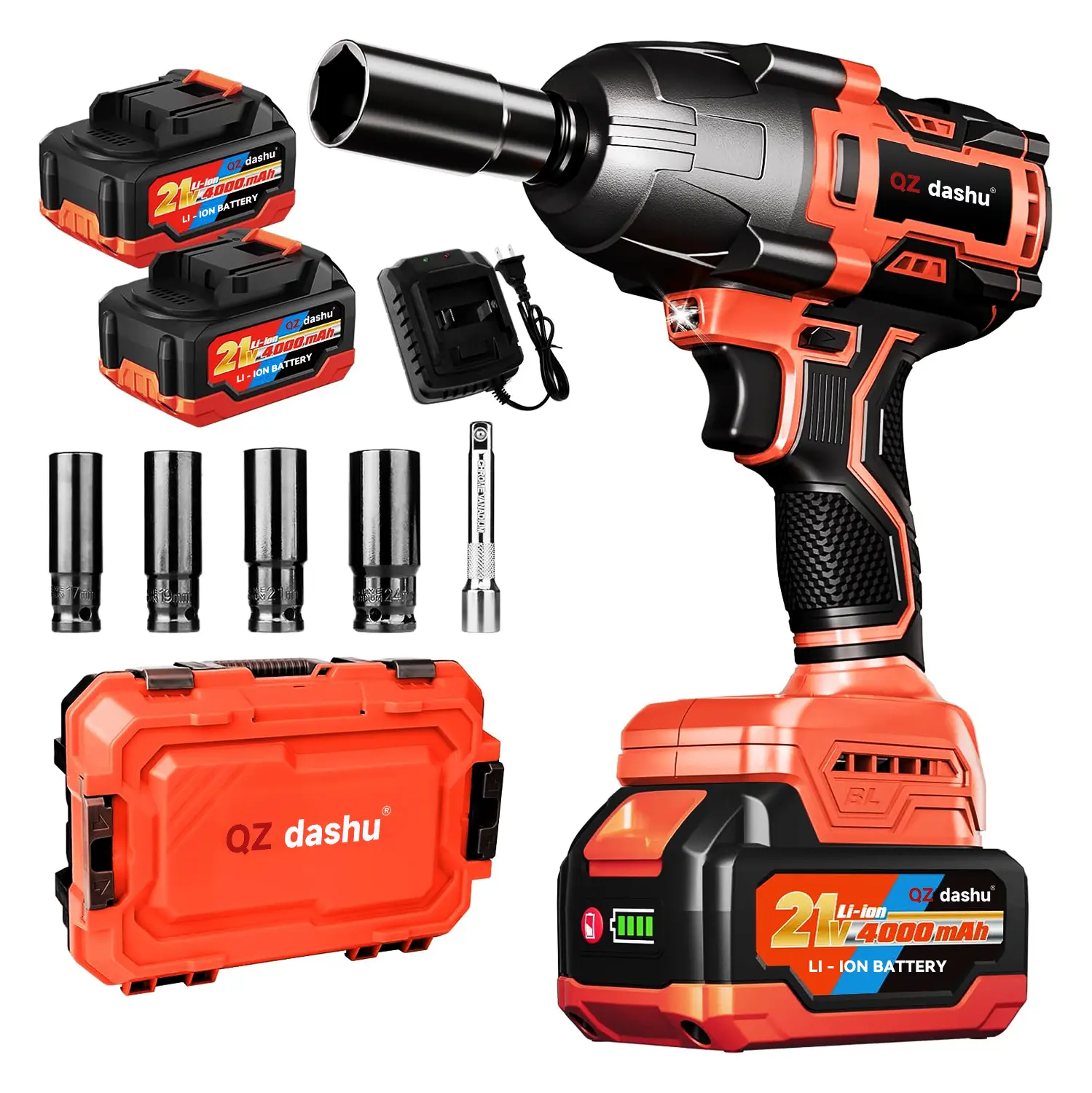 QZ Dashu 1200 High Torque Cordless Electric Impact Wrench 50-99W 1/2" Large Torque 3-Speed Adjustable with 2 Batteries 4000mAh 5 Sockets for Car Repair & Construction