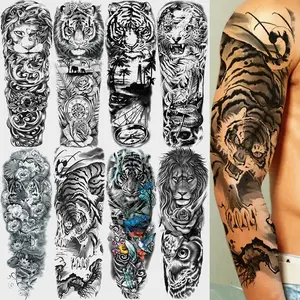 8 Piece Large Full Arm Sleeve Temporary Tattoos, Realistic Eagle Lion Tiger Clock Designs, Waterproof Fake Tattoo Stickers for Men Women