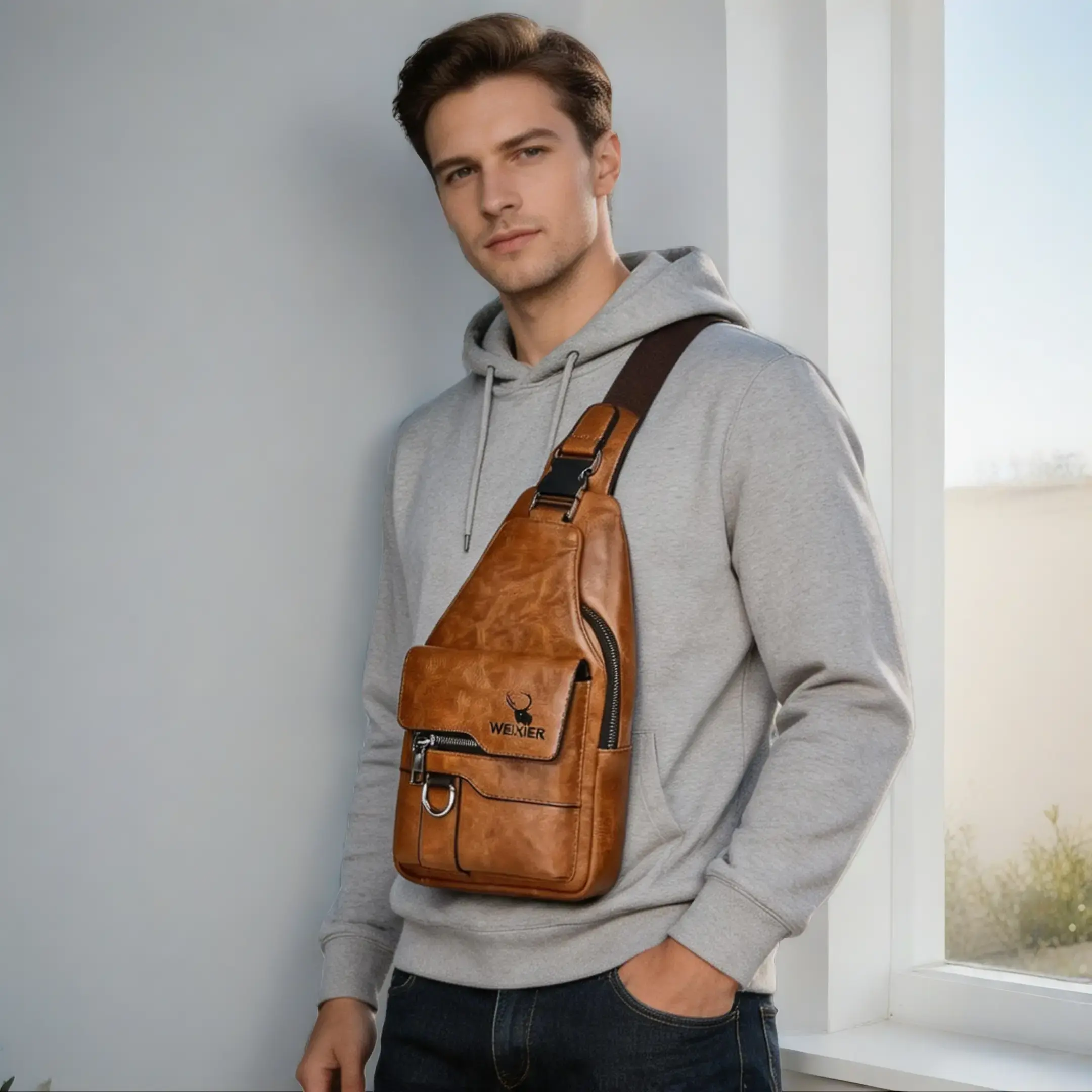 Men’s Waterproof PU Leather Adjustable Strap Sling Chest Bag - Wear-Resistant, Large Capacity Zippered, Multifunctional, Anti-Theft Athletic Leisure Minimalist Fanny & Belt Bag for Travel, Work, Travel Essentials, Adjustable Strap Bag, Large Comp.