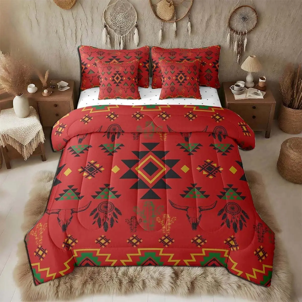 Khaki Southwestern Aztec Comforter Set 7 Pieces Western Cactus Bohemian Boho Tribal Bedding Set Geometric Vintage Bed in a Bag with Comforter,Sheets,Cow SkullRed Quilted