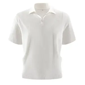 Men’s textured knit short-sleeve polo T-shirt with half zip and turn-down collar, lightweight luxury feel, breathable summer thin design, minimalist solid color top for mature men