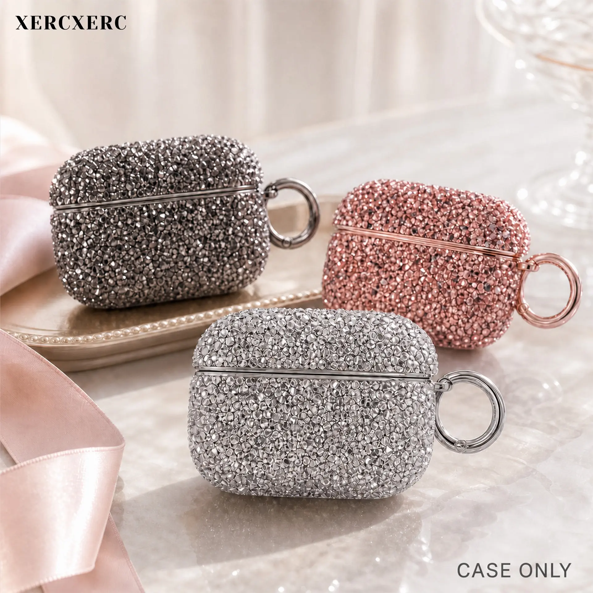Crystal Rhinestone AirPods Case with Keychain Ring – Sparkly Bling Glitter Protective Cover, Shockproof Anti-Scratch Hard Shell, Luxury Glam Earbuds Case, Fashion Gift Accessory for AirPods 1/2 3 4 Pro Pro 2 Pro 3