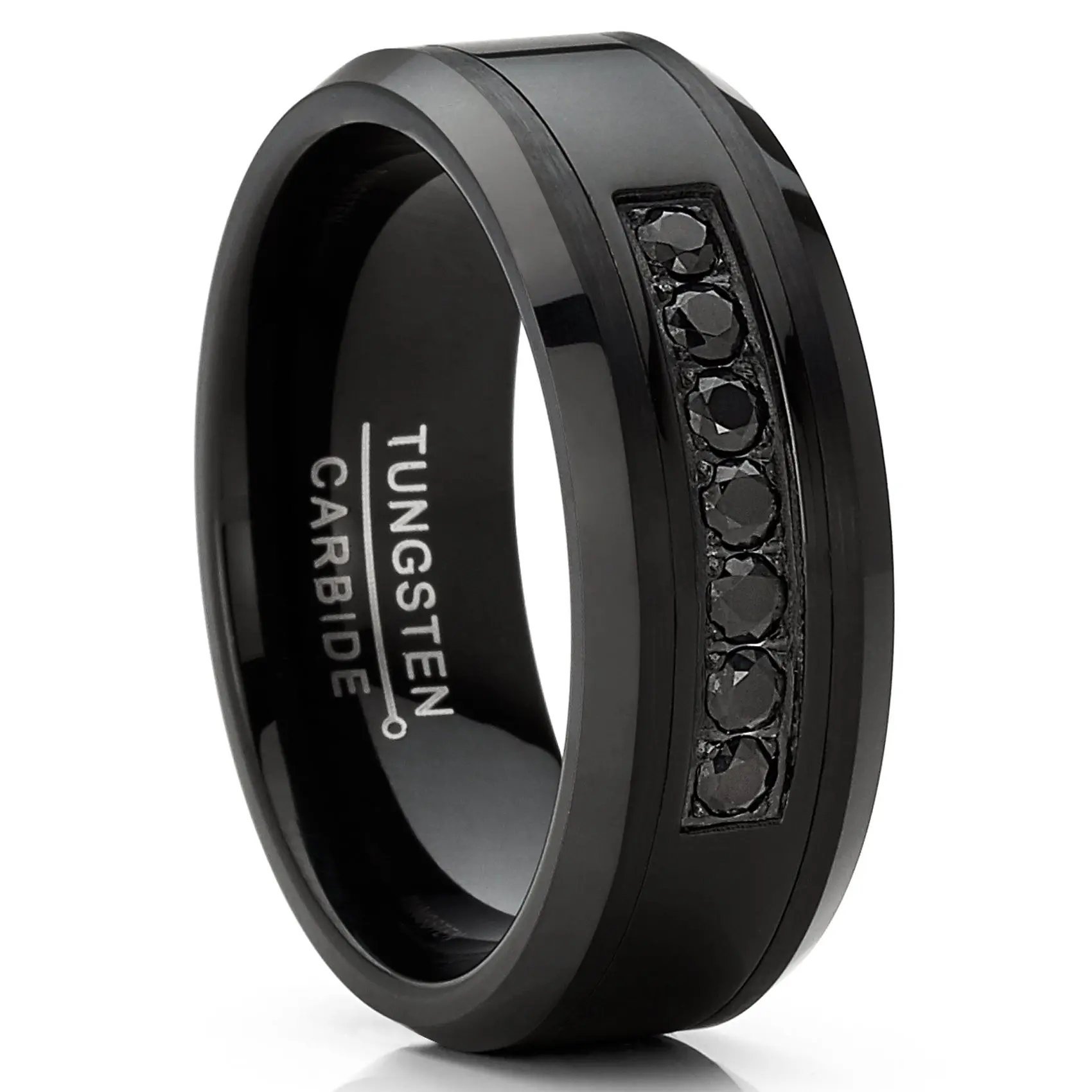 Men's 8mm Tungsten-Black Stainless Steel Wedding Band - 0.30 ct Round Cubic Zirconia, Hypoallergenic Artificial Gemstone Jewelry for Adults Male, with Complimentary Ring Gift Box