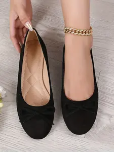 Multicolor Velvet Bow Ballet Flats, Chic Shoes, Soft Velvety Shoe Body, Anti-Slip Flexible Rubber Sole, Heart Stitch Insole, One-Step Design