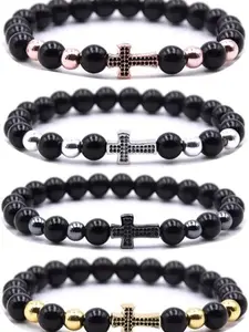 Beaded Bracelets Cross Bracelet for Women Men Lava Rock Turquoise Tiger Eye Natural Bracelet Anxiety Healing (4 Pcs-D)