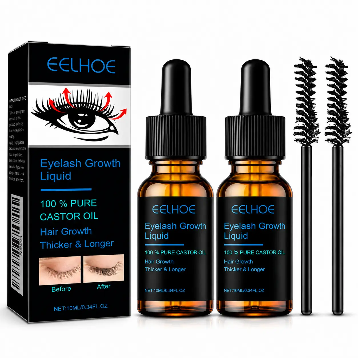 Eyelash Growth Serum with Castor Oil, 10mL Lash & Brow Enhancer for Fuller, Thicker and Longer-Looking Lashes, Gentle Daily Care with Precision Applicator