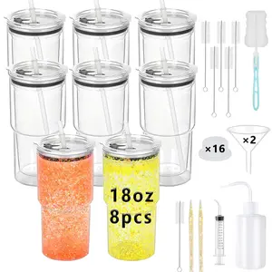 8-Pack 18oz Double Wall Clear Snow Globe Tumblers Pre-Drilled with Lids, Straws & Complete DIY Tool Kit | Easter Craft Party Favors, Spring Wedding Drinkware & Graduation Gift Set (Clear)