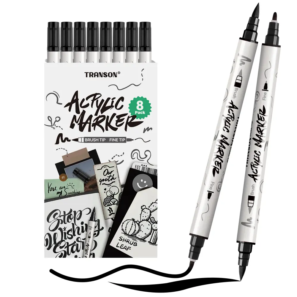 TRANSON Fast-Dry Acrylic Art Drawing Pen - Brush & Fine Tip Set, Multi-Surface Drawing Tool for DIY Glass & Canvas Crafts (Office Stationery Writing Correction Tool Accessory)
