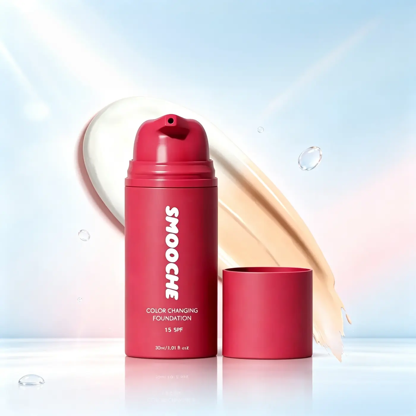 SMOOCHE Color-Changing Liquid Foundation - SPF 15, Skin-Tone Adapting, Lightweight Buildable Coverage, Natural-Looking Finish, Color-Correcting, Suitable for All Skin Types, 1 fl oz