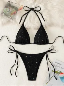 Two-Piece Set Women's Glitter Tie Back Halter Bikini Set, Casual Fashion Chic Edgy Bikini Set Wireless Triangle Swim Bra & Tie Side High Cut Swim Panty, Ladies Swimsuit for Beach Holiday Vacation, Bikini Outfits