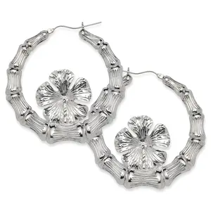 Hibiscus Flower 925 Sterling Silver Bamboo Hoops Earrings