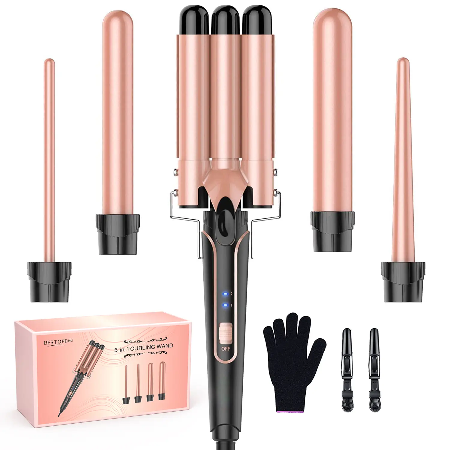 BESTOPE PRO Waver Curling Iron Wand, 5 in 1 Curling Wand Set with 3 Barrel Hair Crimper for Women, Fast Heating Hair Wand Curler in All Hair Type Com