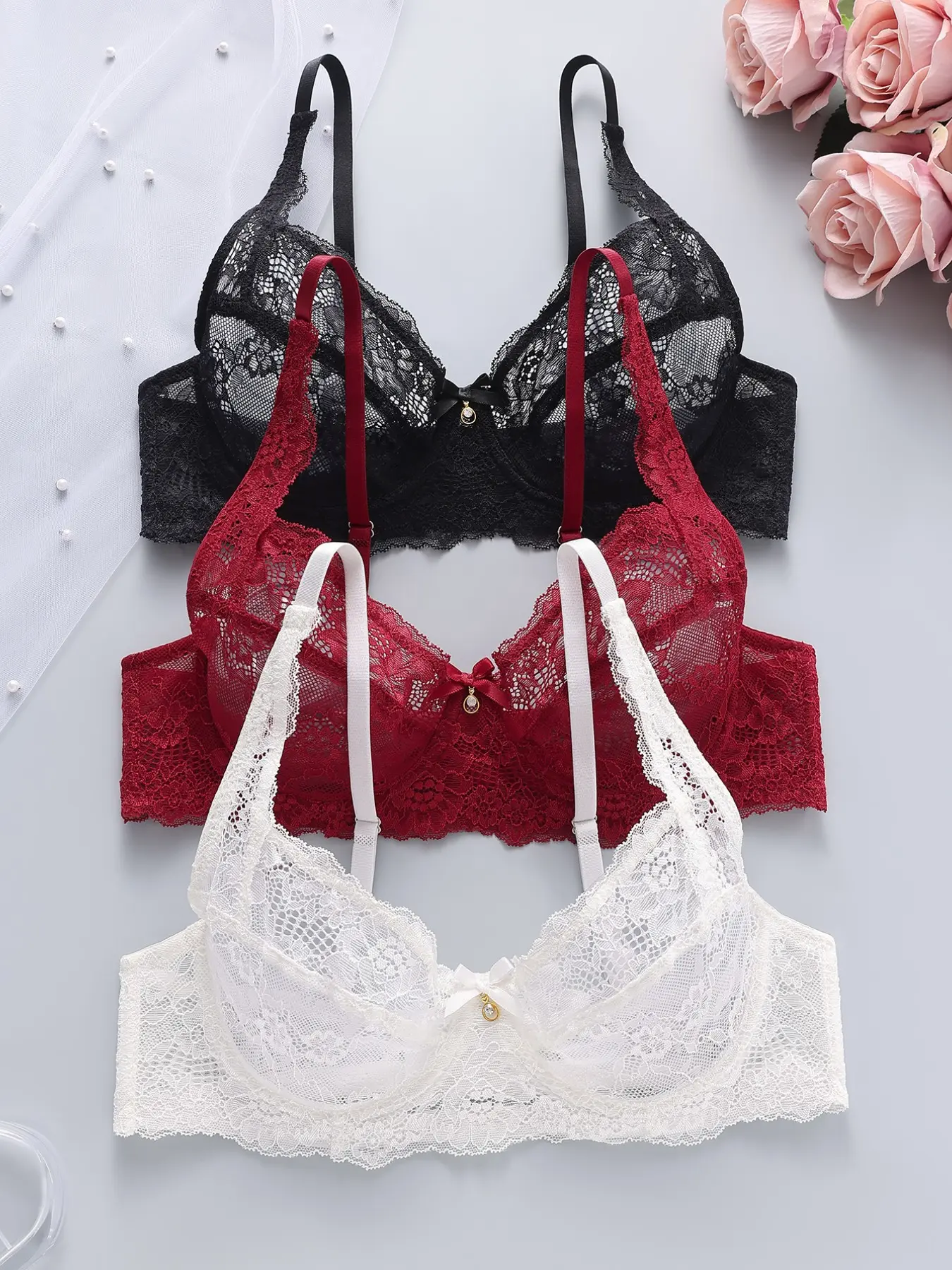 3-Pack French Style Sexy Lace Adjustable Straps Buckle Underwired Bras – Breathable Multi-Color Set for Women’s Daily & Date Wear Underwear Lingerie Womenswear Lace Brassiere Fit