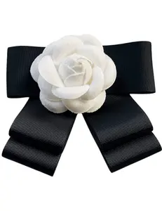 PRE-ORDER-Fleur de Camélia Tammi Grosgrain Ribbon Brooch in Black and White