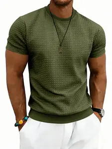 Men's Summer Sporty Round Neck Short Sleeve Top, Casual Textured Pattern Design, Simple Style for Daily Wear, Ideal for Warm Weather, Athletic Tops