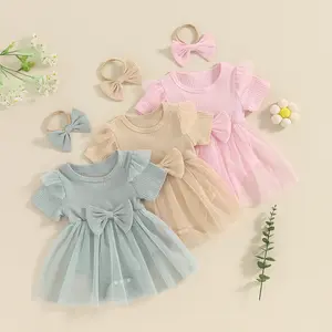 Newborn Baby Girl Summer Romper Dress Bow Lace stripe Ruffle Short Sleeve Romper Bodysuit with Bow Headband Summer Outfits