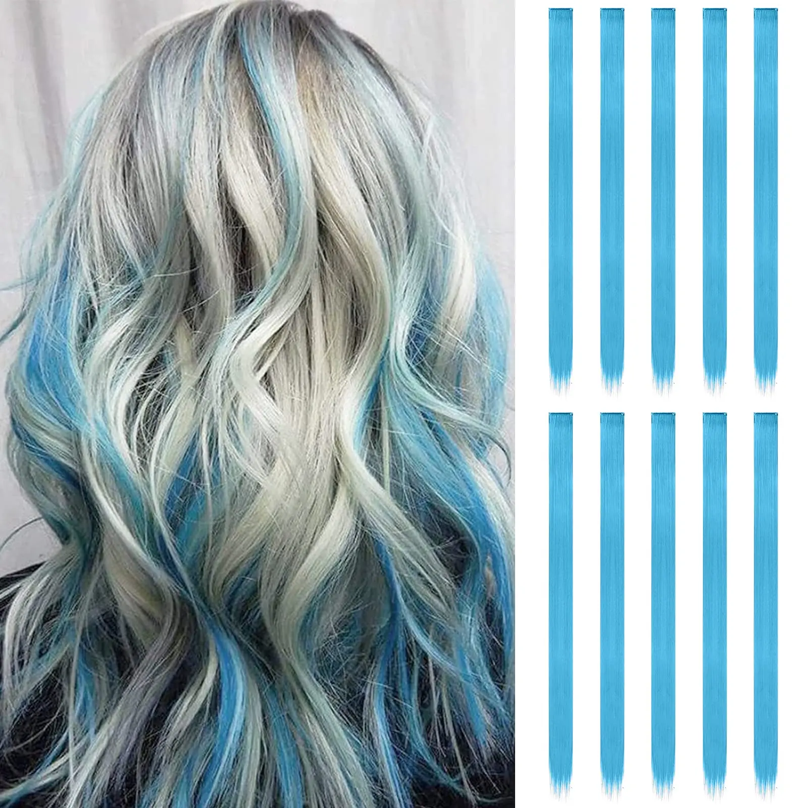 Colored Clip In Hair Extensions - 10 Skyblue Light Blue Highlighted Piece Straight Synthetic Hairpieces For Women 22 Inch