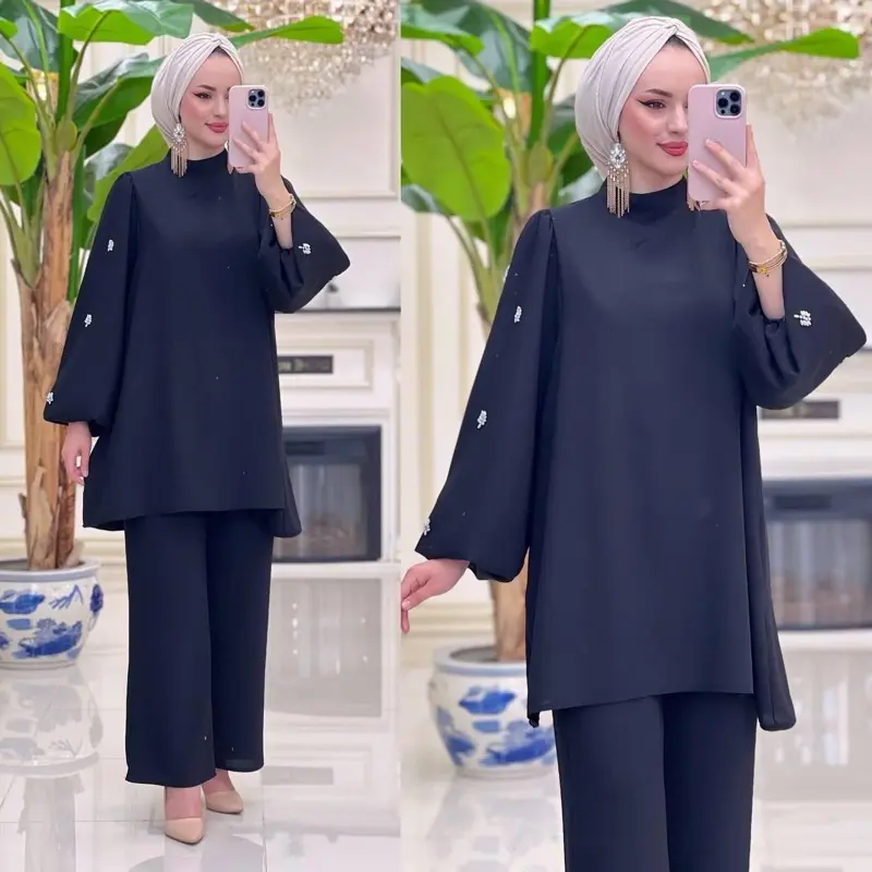Black Two Piece Tunic Set with Elegant Embellishments and Flared Sleeves for Stylish Comfort