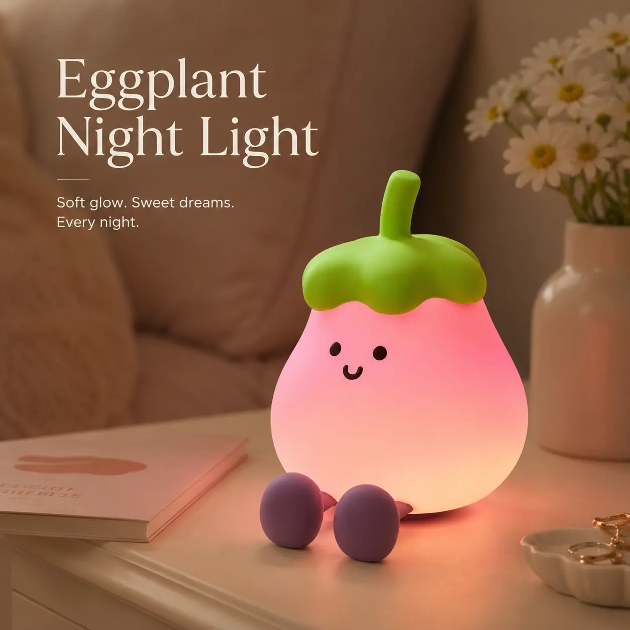 Cute Shape Eggplant Silicone Night Light, USB-C Rechargeable Tap Lamp with 3 Levels Brightness, Soft Glow Indoor Use Light for Nursery, Kids Room Decor & Gifts