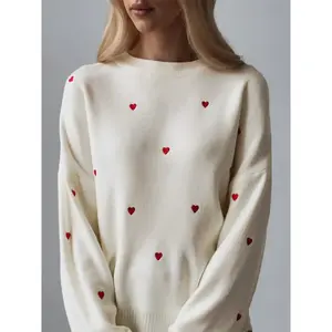 Women's Heart Print Drop Shoulder Long Sleeve Sweater, Casual Round Neck Jumper for Fall & Winter, Women's Knitwear for Daily Wear