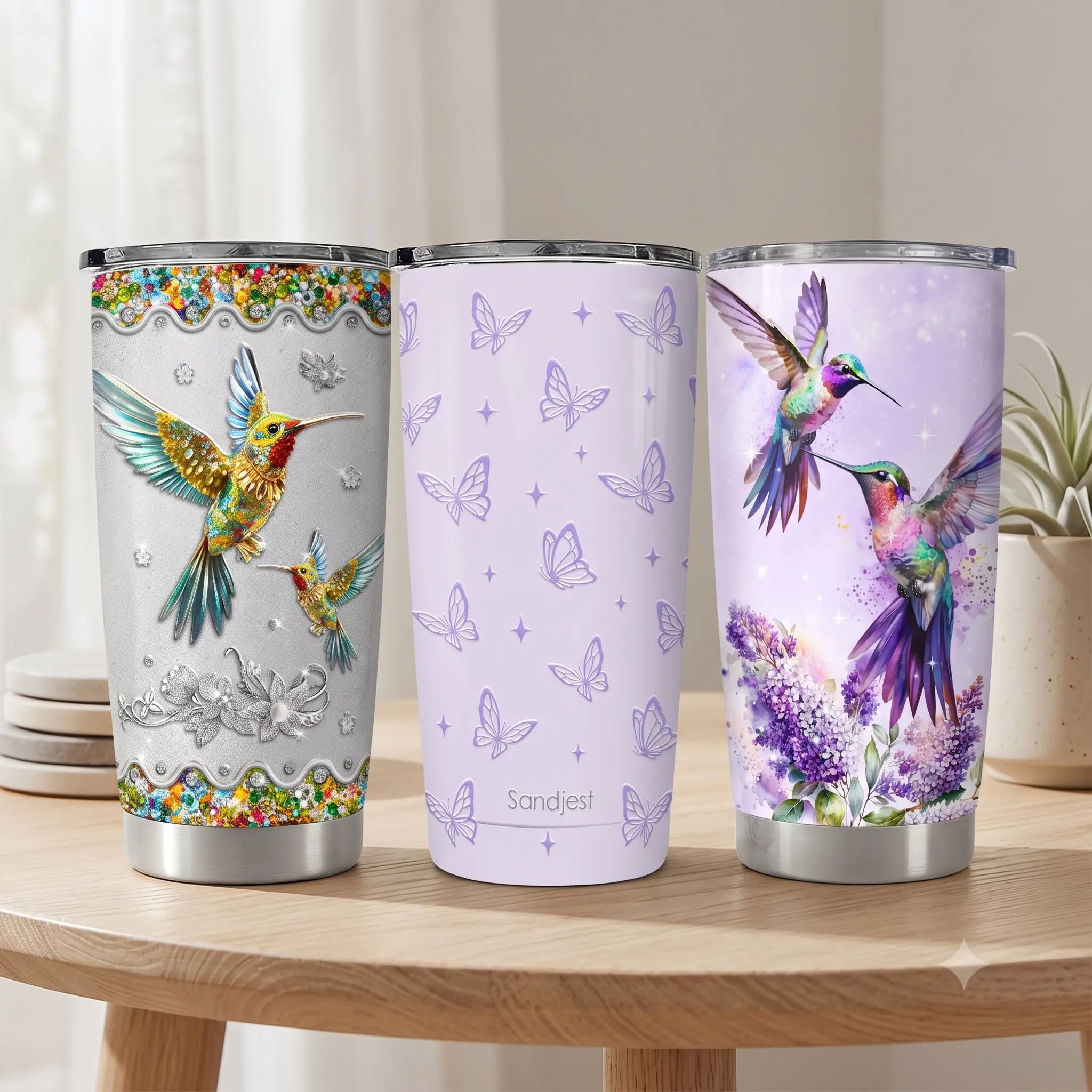 SANDJEST 20oz Hummingbird & Purple Butterflies Thermal Tumbler with Lid, Double Wall Vacuum Insulated Stainless Steel Flask, Cup Holder Friendly for Home & Travel, Perfect for Iced Coffee Matcha Hot/Cold Drinks, Birthday Christmas Gift