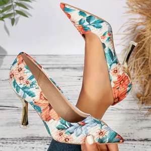 Women's Kitten Heel Pumps with Closed Pointed Toe Floral Pattern High Heel Sexy Vintage Wedding Party Casual Dress Shoes - Elegant Stylish Footwear for Classy Girls