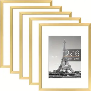 Upsimples 5-Piece 12x16 Photo Frame, Display Picture 8.5x11 with Pad Or 12x16 without Pad, Wall Gallery Photo Frame, Gold