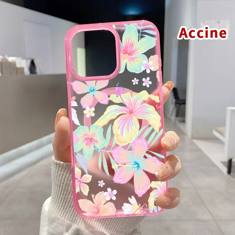 Pastel Floral Symphony Pattern Magnetic Phone Case for iPhone 15 16 14 Pro Max 13 12 11 XR XS Plus E Clear Crystal Drop-proof Slim Silicone Shockproof Transparent Protective Cover Supports Wireless Charging
