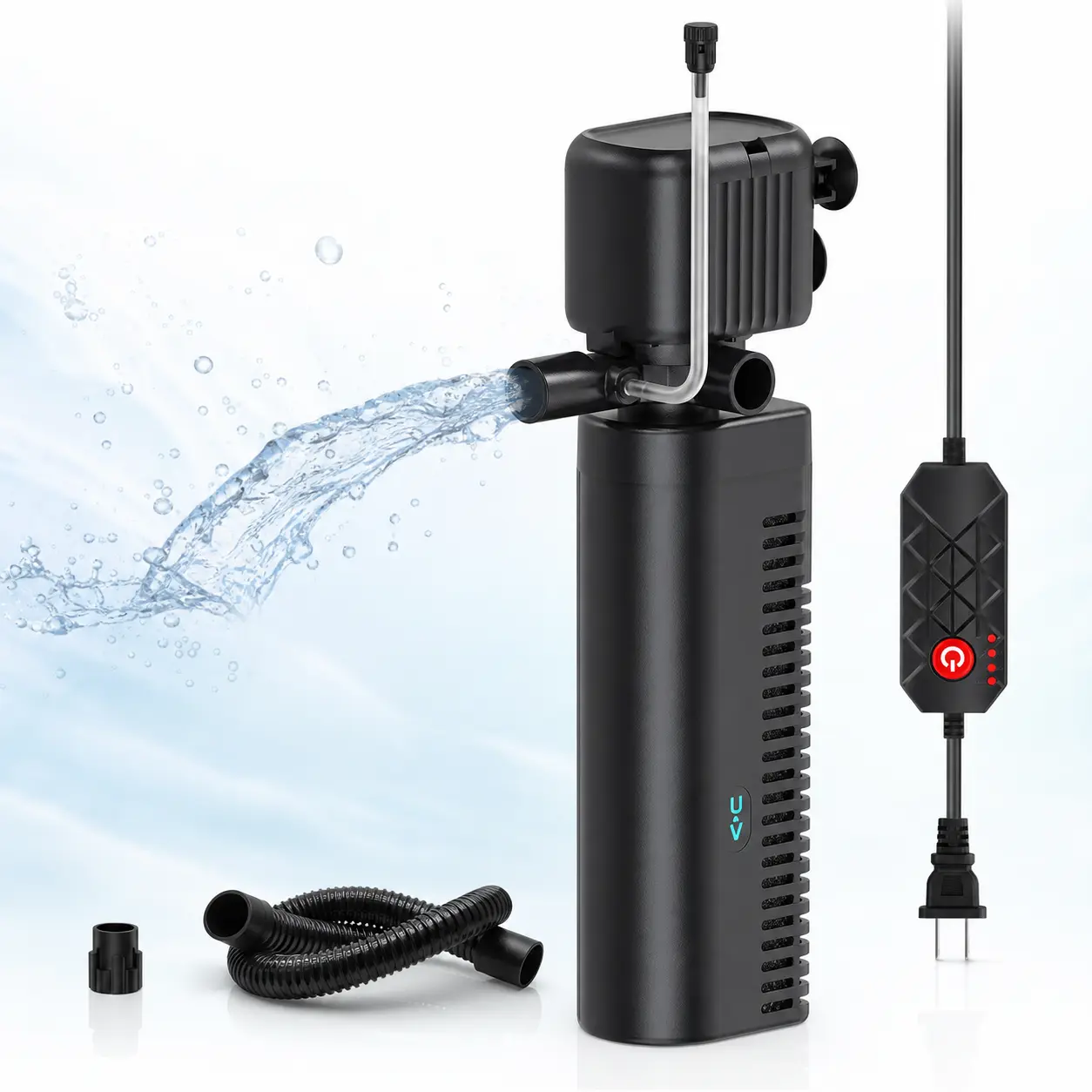 SYSENCIAGA Aquarium Filter with Built-In UV-C Light, Fully Submersible Fish Tank Filter with Aeration, Single/Dual Outlet, UV Timer and Removable Sponge for Freshwater, Saltwater and Turtle Tanks