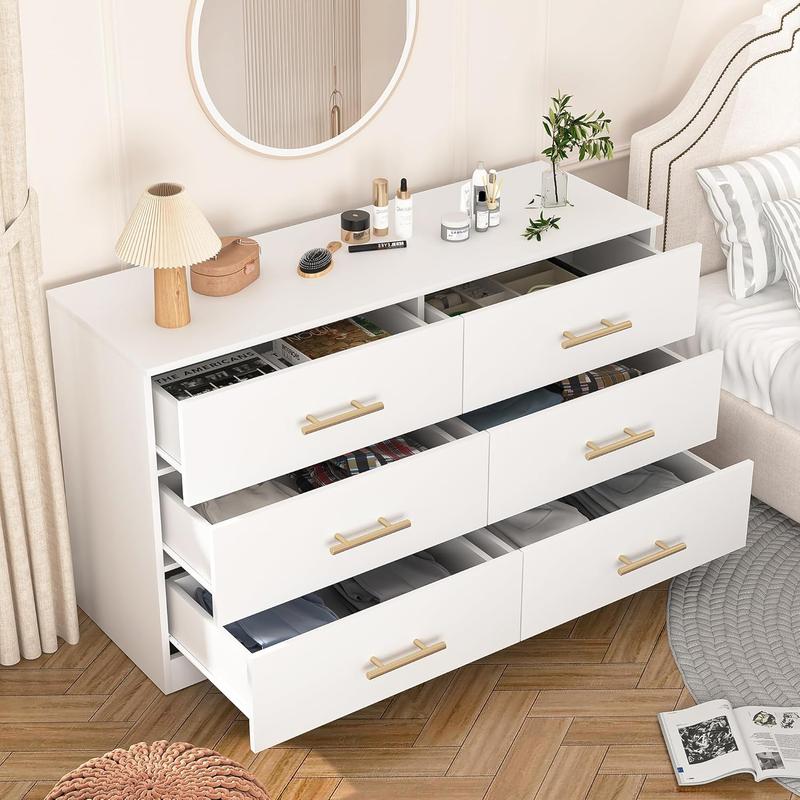Spaco White Dresser for Bedroom, Modern Large 6 Drawer Dresser w/Gold Handle,Storage Chest of Drawers,Wood TV Stand Dresser,Dresser Bedroom Furniture