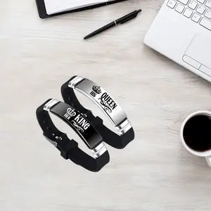 2PCS Her King His Queen Couple Romantic Crown Stainless Steel Silicone Bracelet Set for Couples