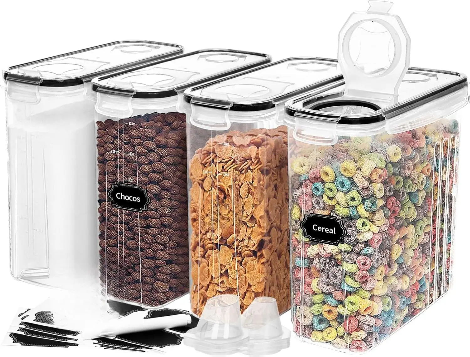 4PCS Cereal Containers Storage 4L/135.2 oz Airtight Food Storage Containers with Pour Spout for Kitchen Pantry Organization Plastic Cereal Dispensers Measuring Cup & 20 Labels BPA Free Lid Scale